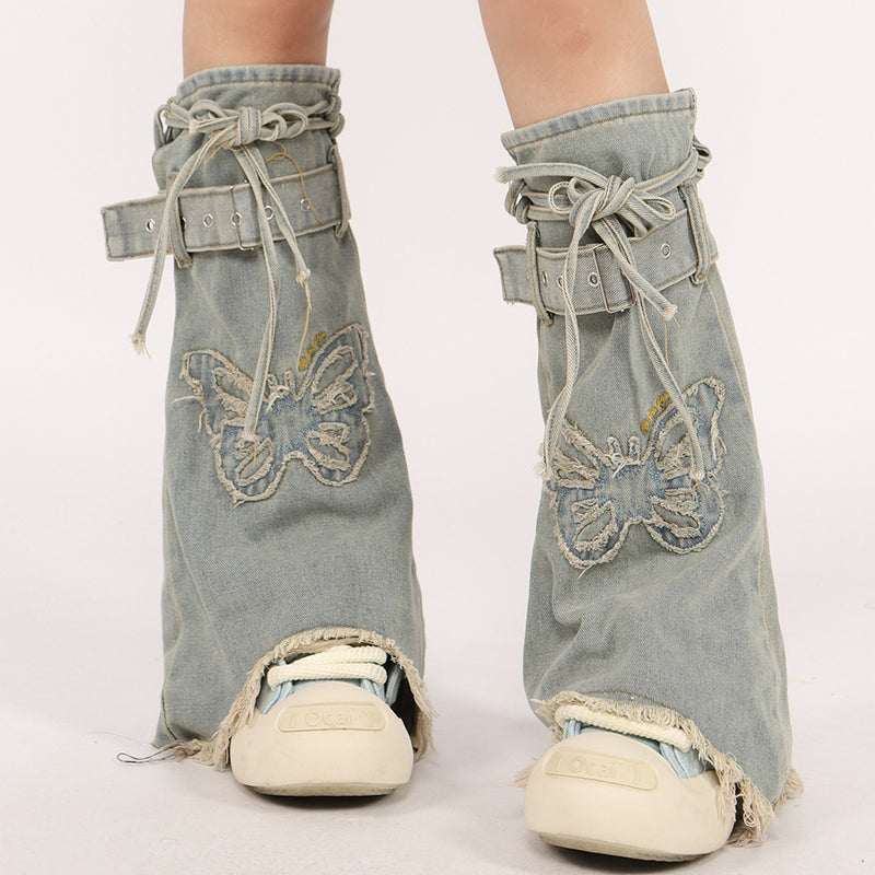 butterfly patch y2k denim leg warmers boogzel clothing