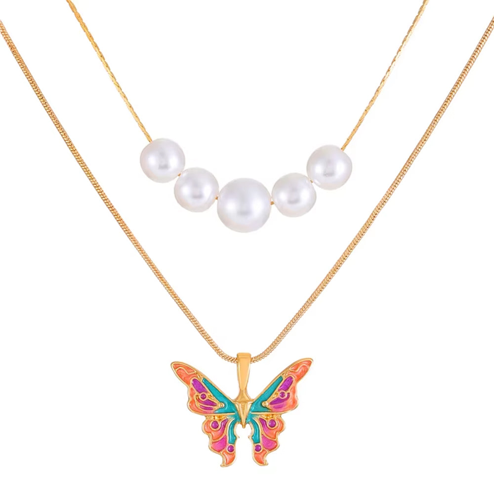 butterfly pearl layered necklace boogzel clothing