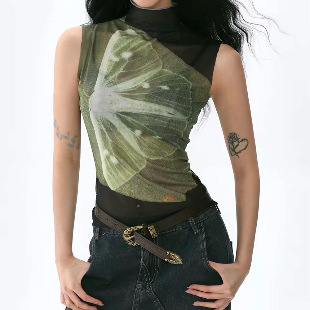 butterfly print mesh turtleneck top boogzel clothing