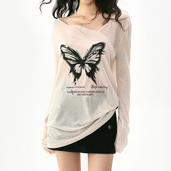 butterfly print see through top boogzel clothing