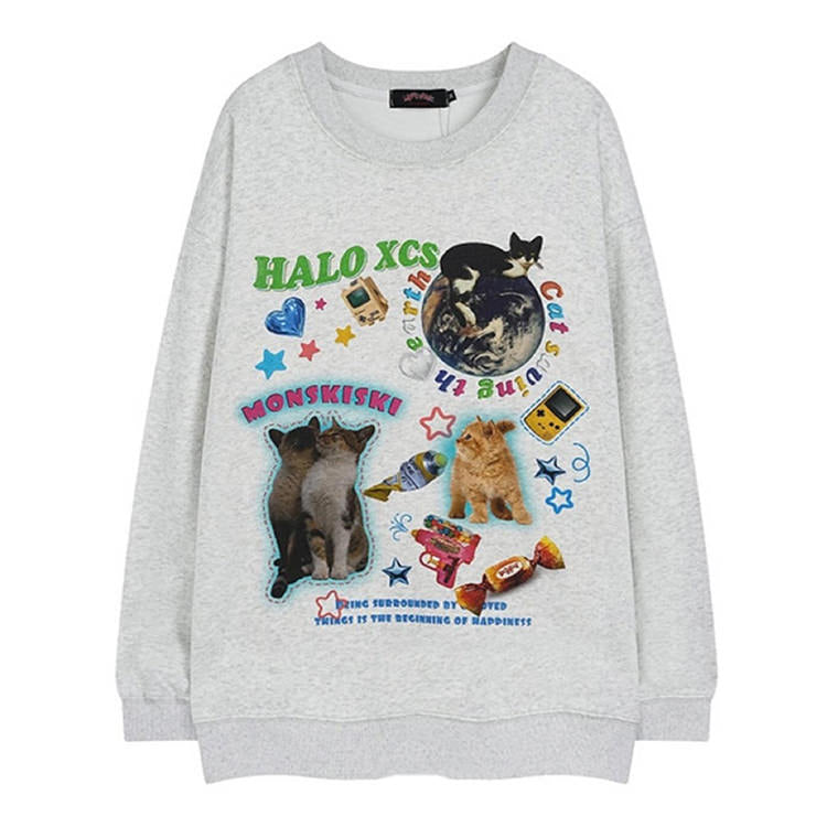 grey cat sweatshirt, aesthetic sweatshirt, tumblr style sweatshirt boogzel clothing