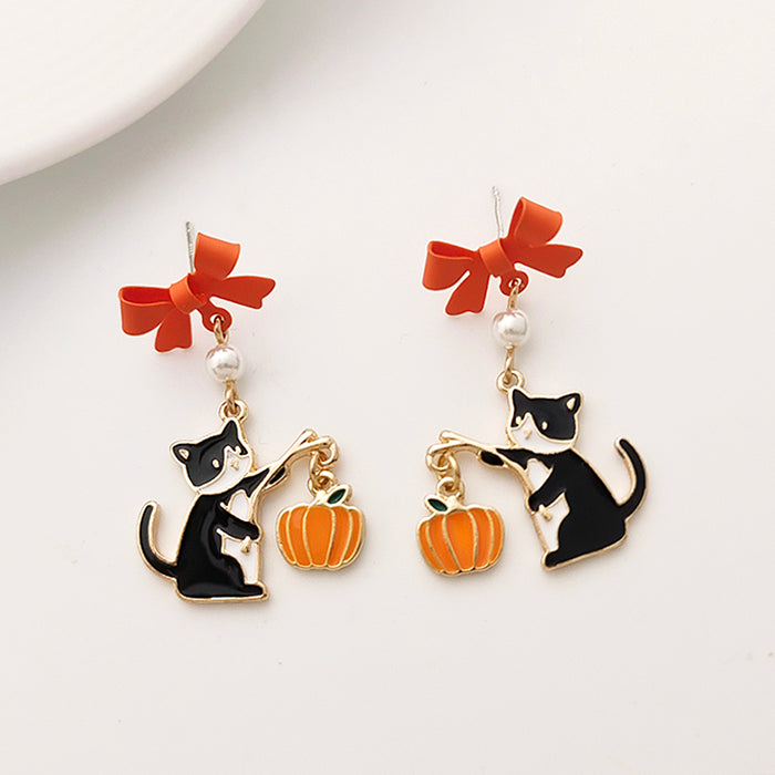 thumbnail interactive-video image 1 of Rinhoo Halloween Cat Pumpkin Ear Dangle Earrings - Enamel & Crystal, Silver, Hook Closure 1 of 4