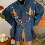 cat embroidery vintage style denim shirt boogzel clothing