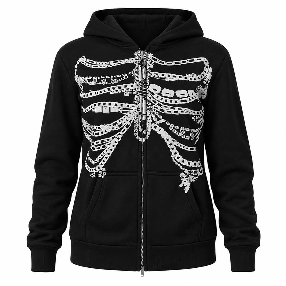 chain skeleton fitted zip up hoodie boogzel clothing