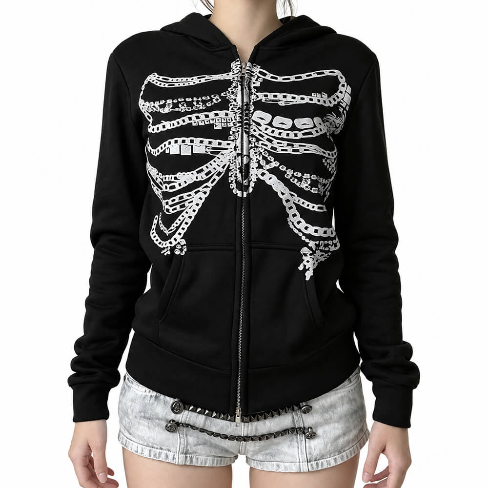 chain skeleton fitted zip up hoodie boogzel clothing
