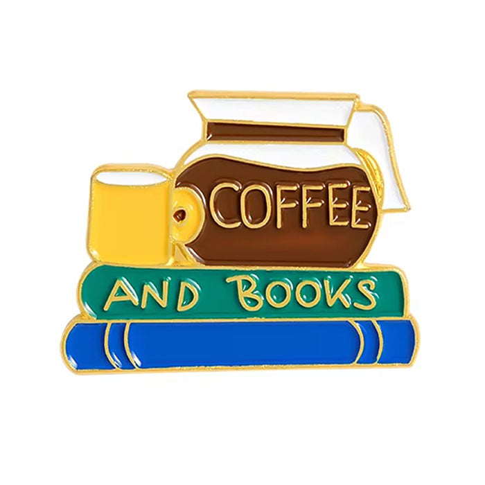 coffee and books brooch pin boogzel clothing