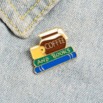 coffee and books brooch pin boogzel clothing