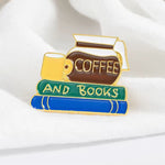 coffee and books brooch pin boogzel clothing