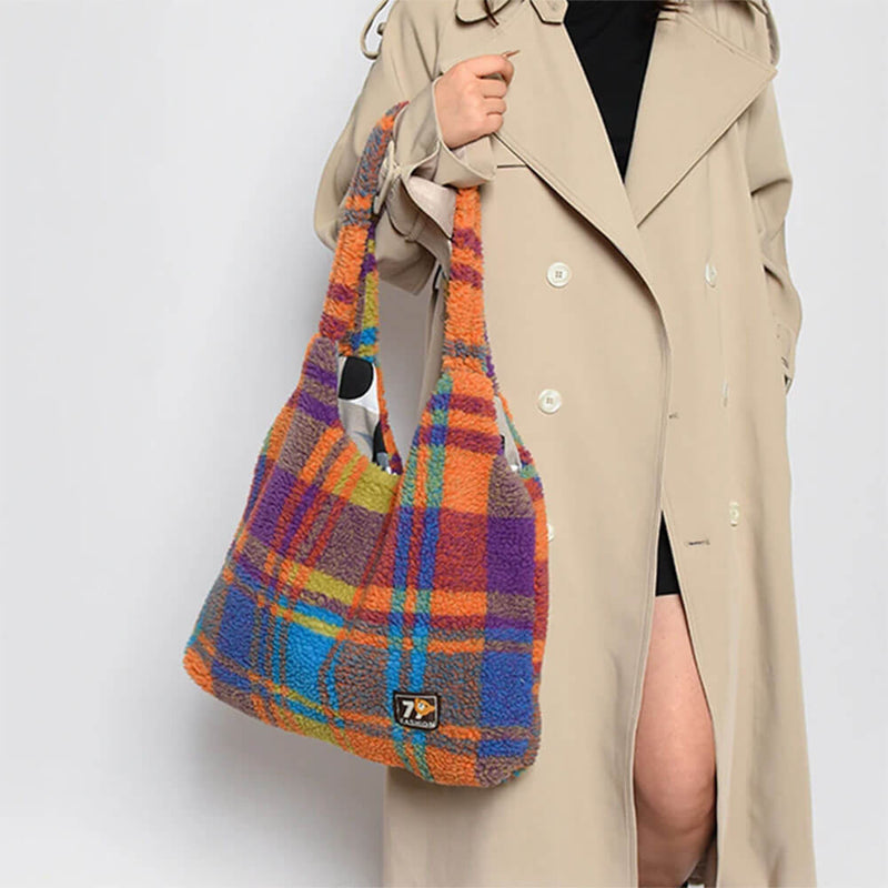 colorful plush plaid tote bag boogzel clothing