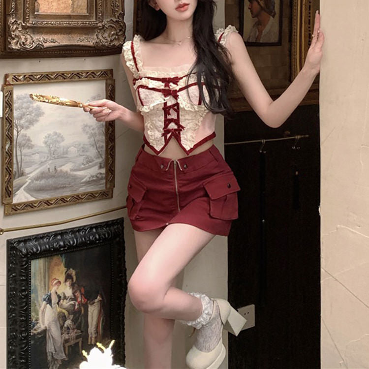 White & Red Coquette Lace Corset Top -Boozel Clothing