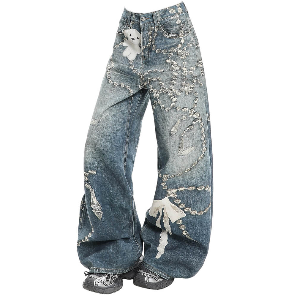 coquette bow chain print jeans boogzel clothing