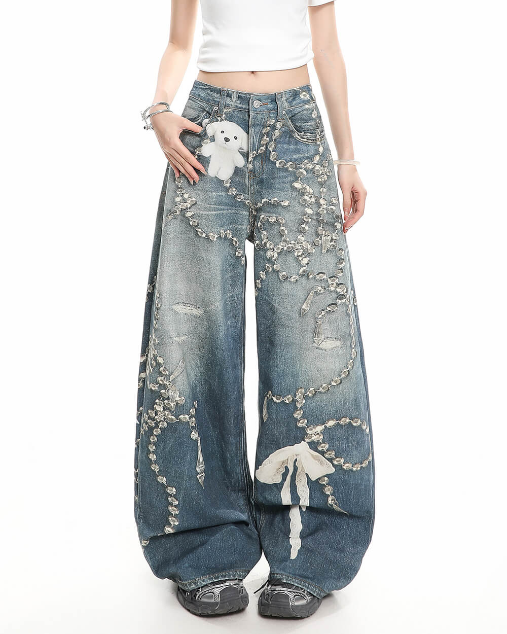 coquette bow chain print jeans boogzel clothing