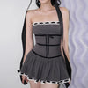 gray coquette dress features ribbed construction and black ribbons with bows - Boogzel Clothing