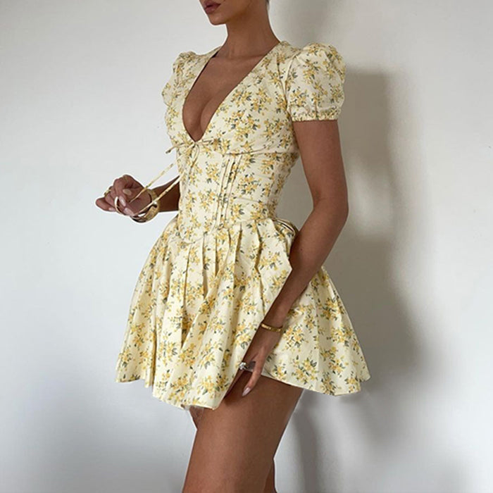 yellow floral mini corset dress boogzel clothing