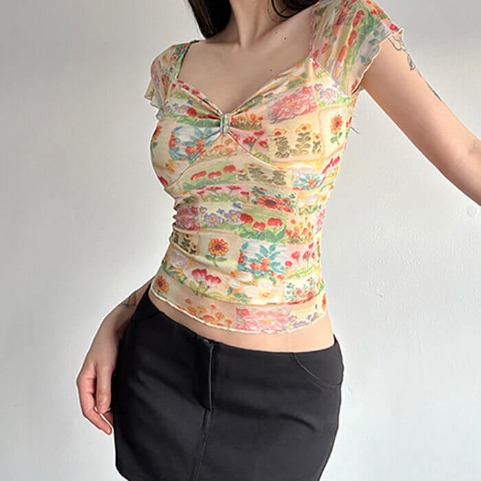 cottagecore floral print mesh top boogzel clothing