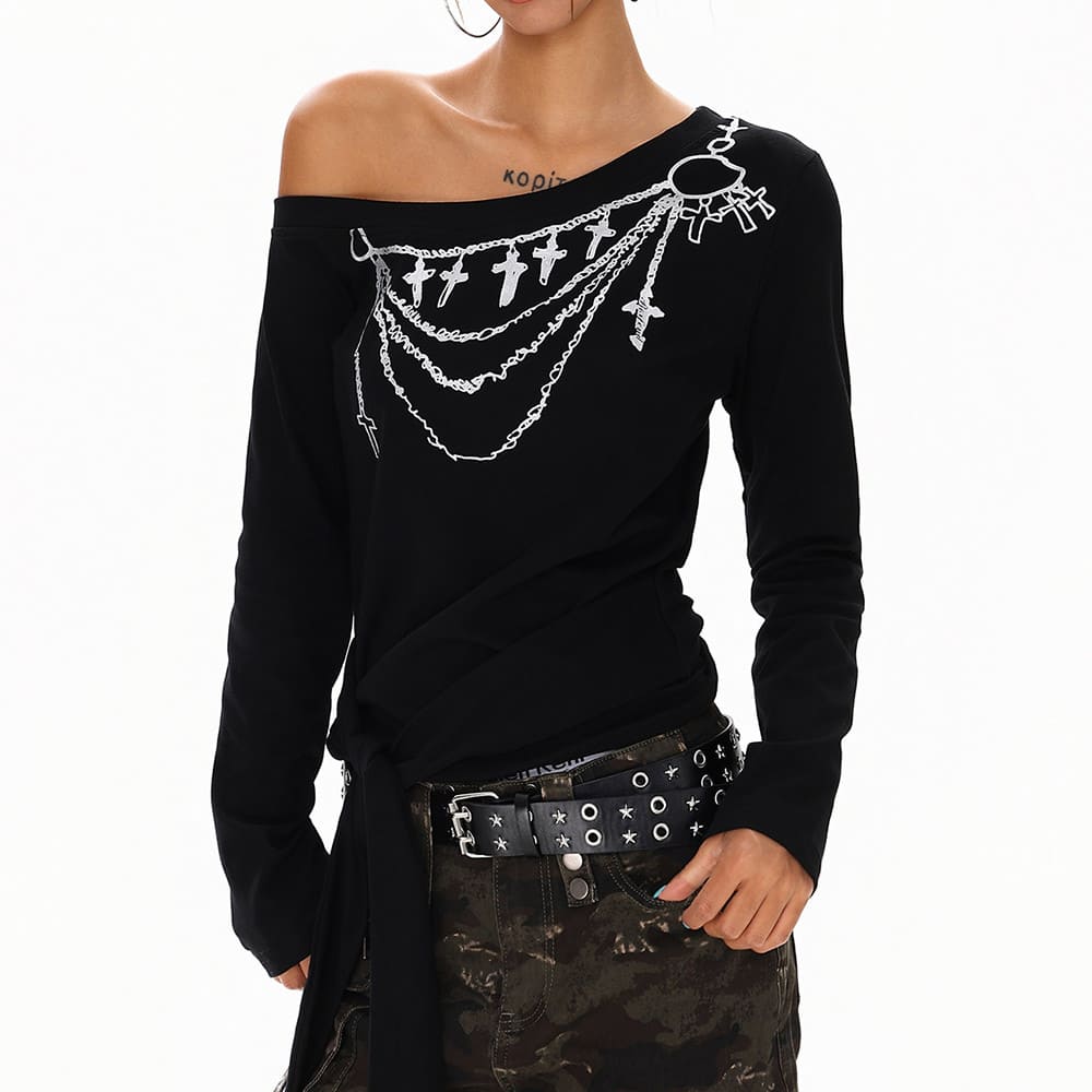 cross chain print one shoulder top boogzel clothing