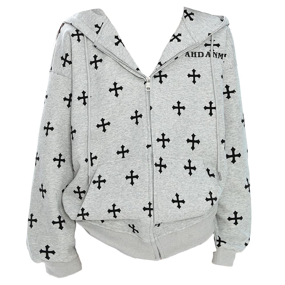 cross print zip up hoodie boogzel clothing