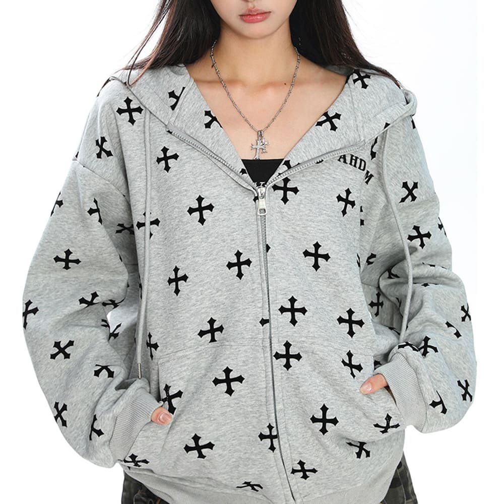 cross print zip up hoodie boogzel clothing
