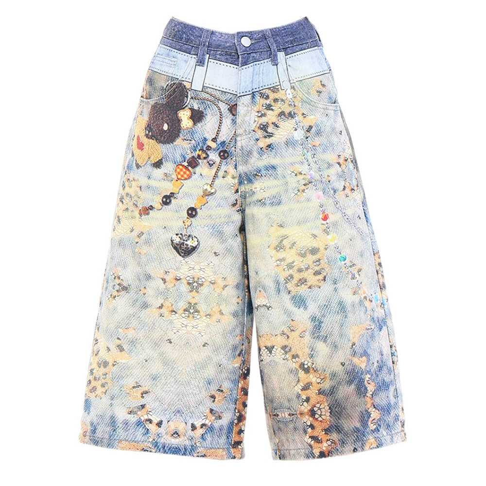 cute chain print denim shorts boogzel clothing