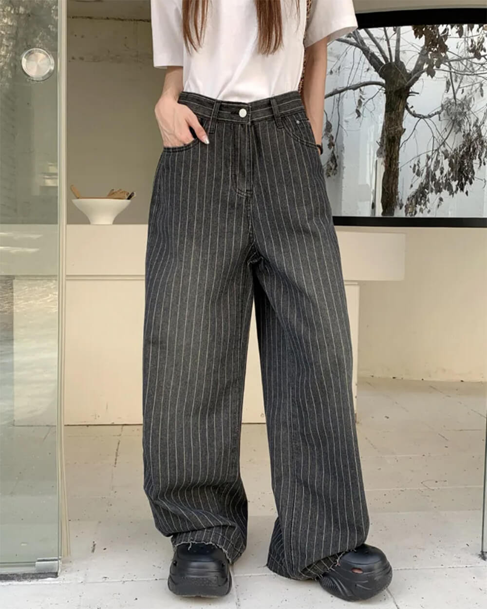 dark academia striped baggy jeans boogzel clothing