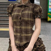 dark academia puff sleeve plaid shirt boogzel clothing