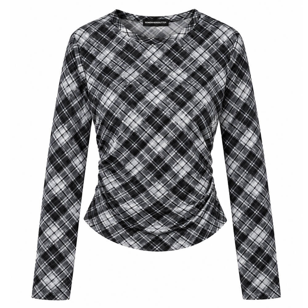 diagonal plaid long sleeve mesh top boogzel clothing