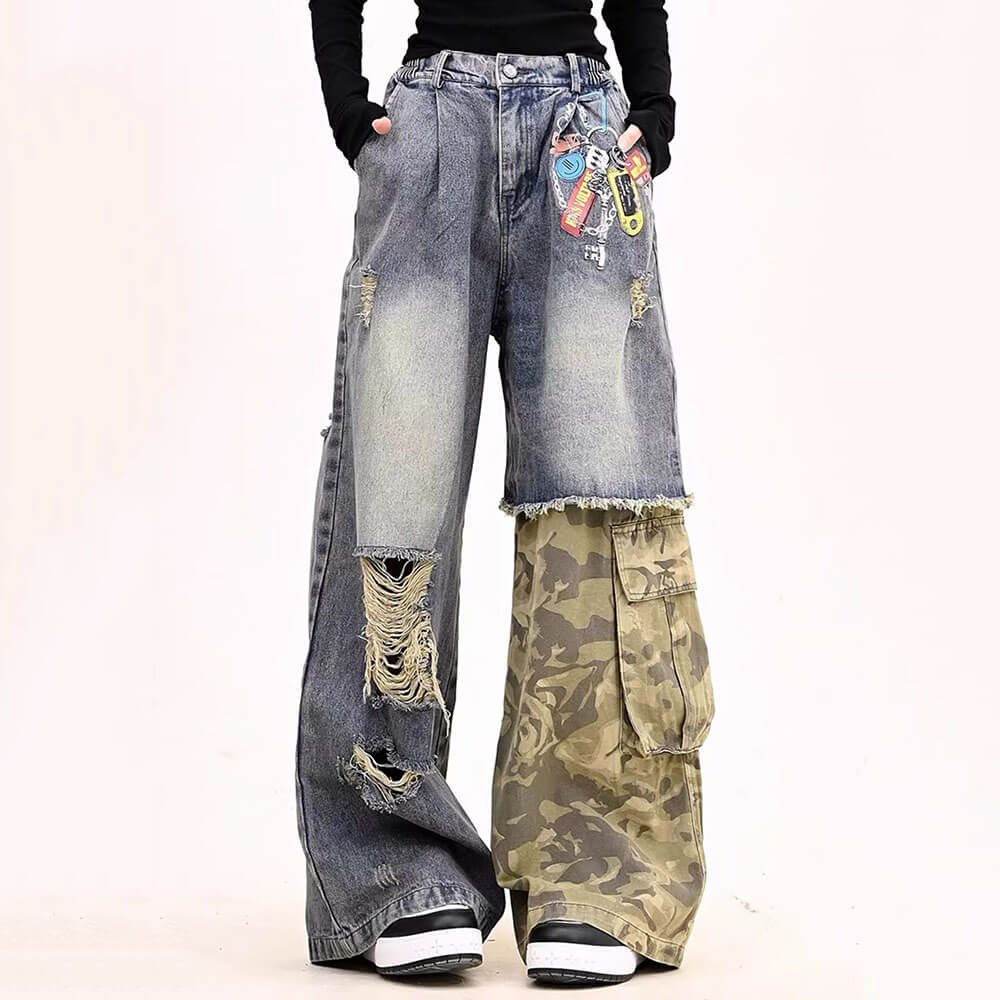 distressed camouflage patchwork jeans boogzel clothing