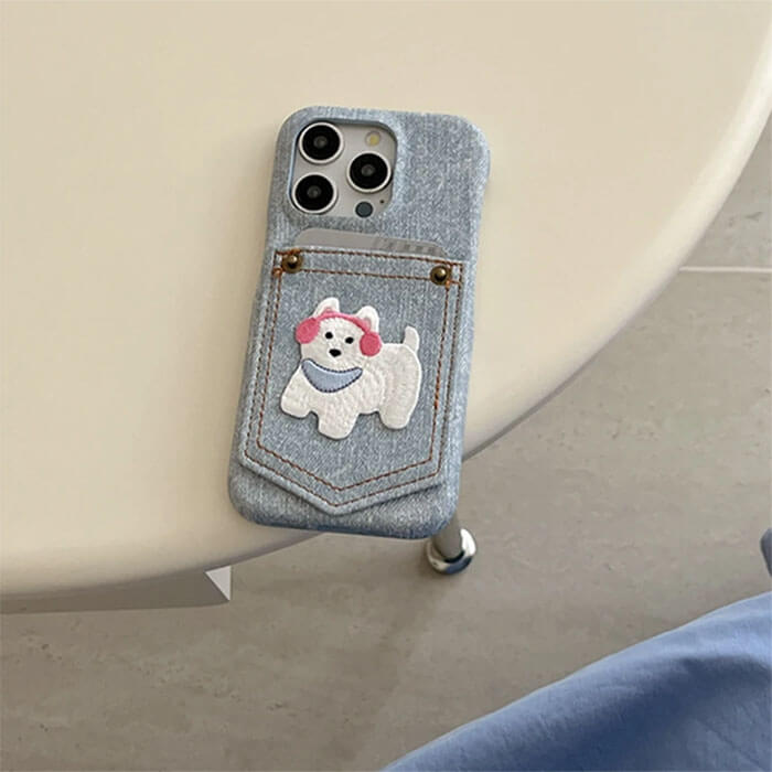 dog embroidered denim iphone case boogzel clothing