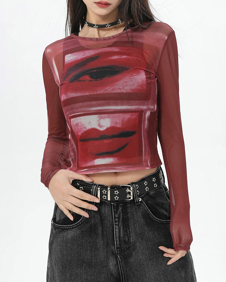 Eye & Lips Print Mesh Top in Red - grunge clothes, y2k clothes boogzel