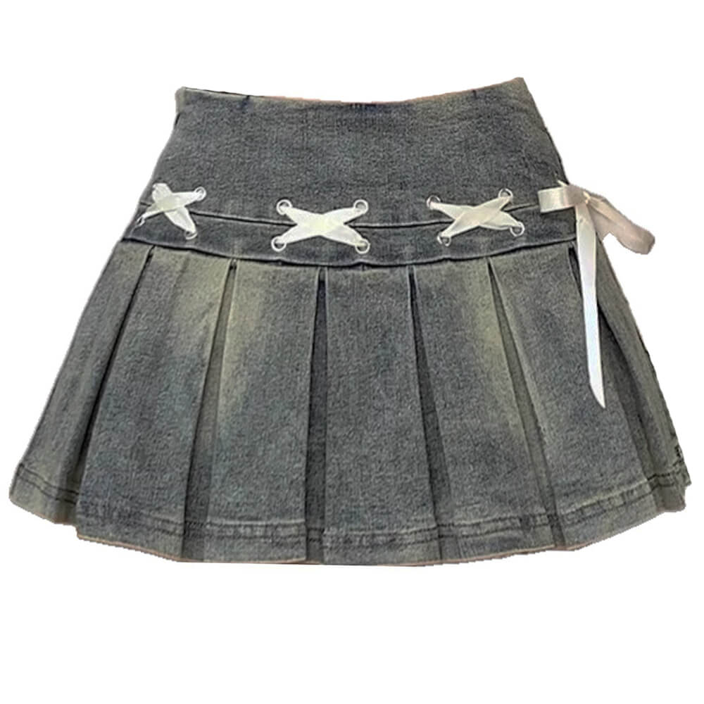 fairy grunge lace up denim pleated skirt boogzel clothing