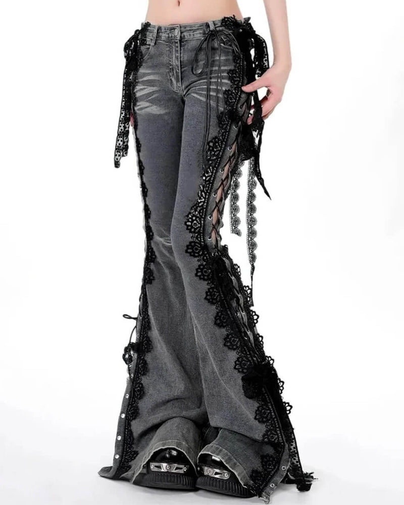 Fairy Grunge Lace Up Flared Jeans | Aesthetic Outfits – Boogzel