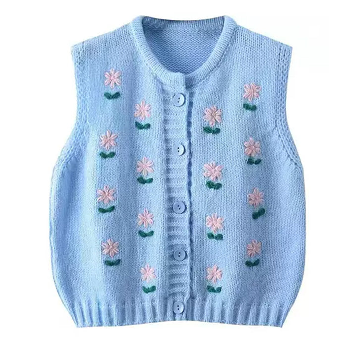 flower embroidery blue knit vest boogzel clothing