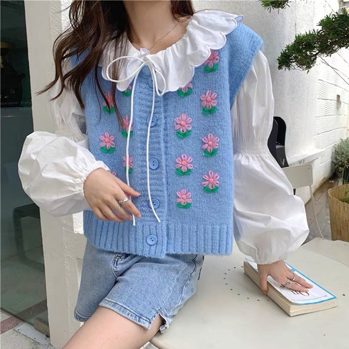 flower embroidery blue knit vest boogzel clothing