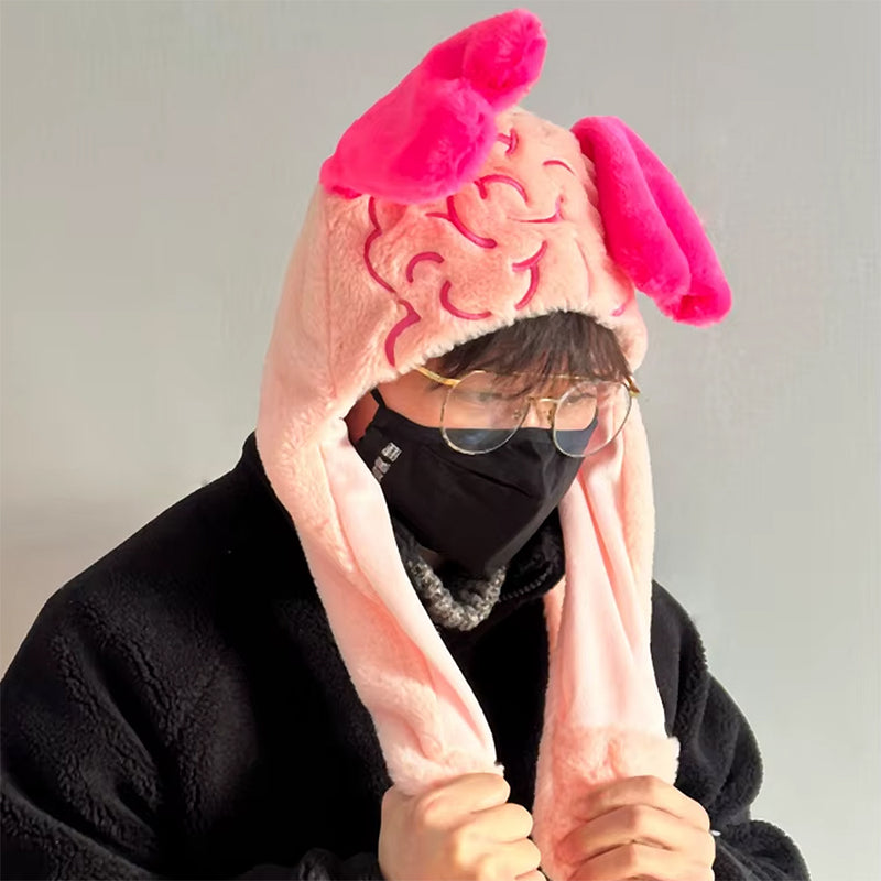 fluffy brain hat with heart ears boogzel clothing