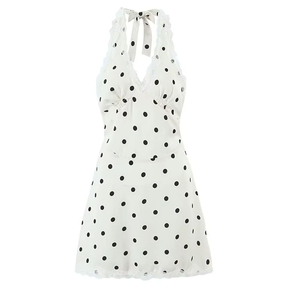 french girl polka dot lace halter dress boogzel clothing