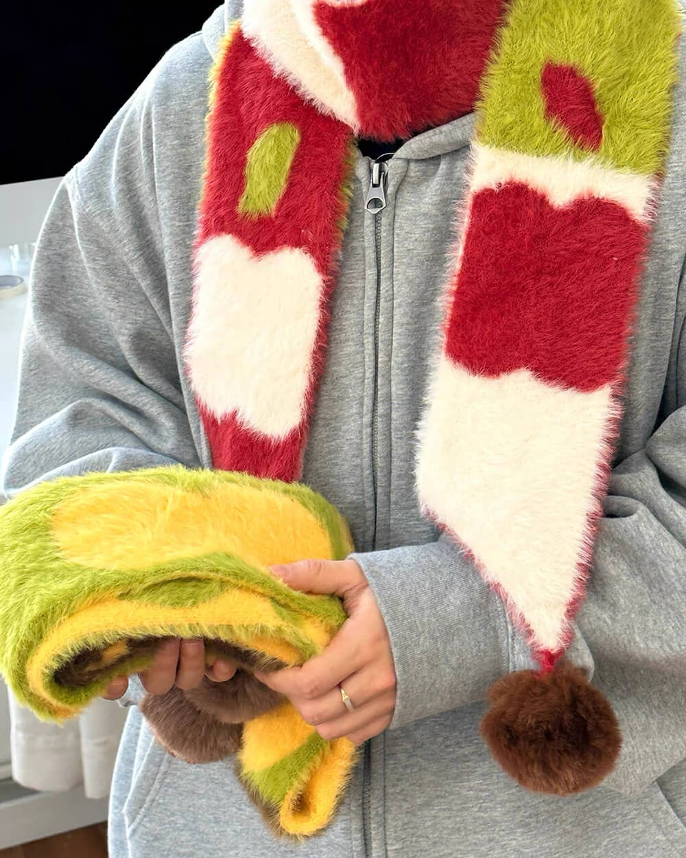 fuzzy apple pattern knit scarf boogzel clothing