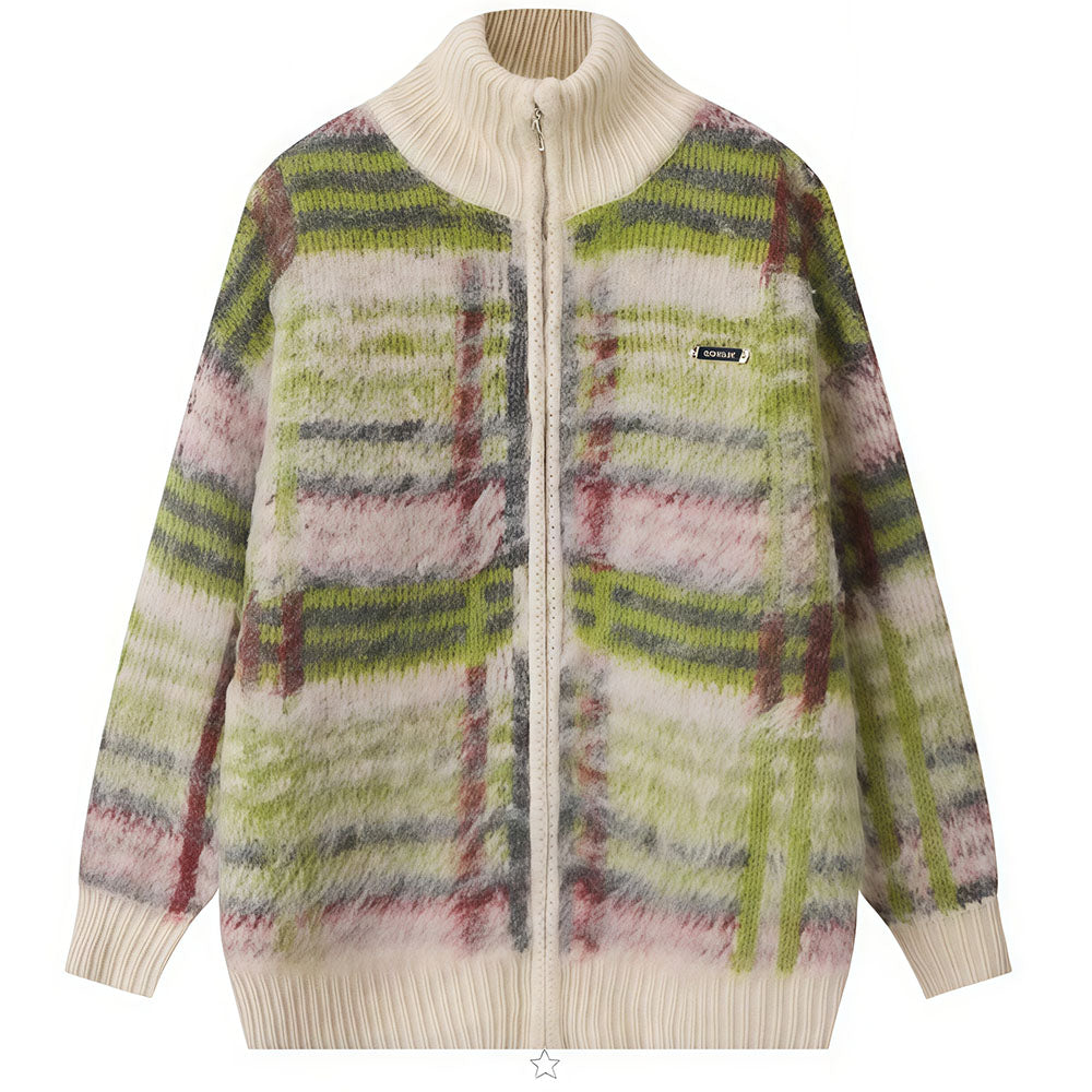 fuzzy plaid zip up sweater boogzel clothing