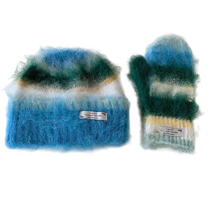 fuzzy striped beanie hat and gloves set boogzel clothing