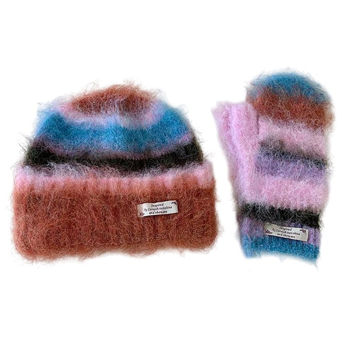 fuzzy striped beanie hat and gloves set boogzel clothing