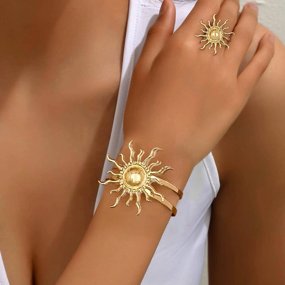 gold sun bracelet and ring set boogzel clothing
