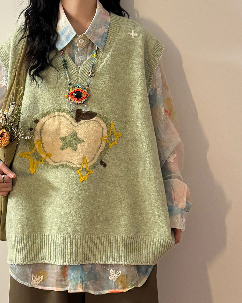 green apple embroidered vest boogzel clothing