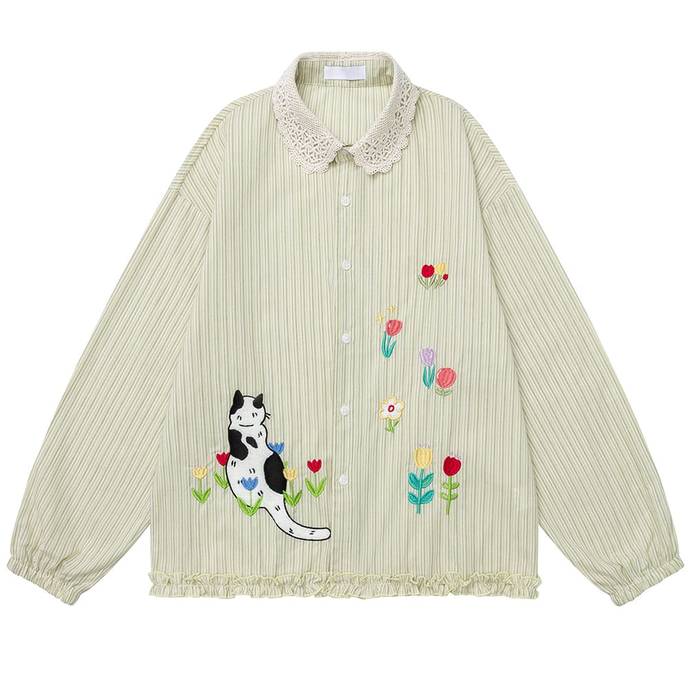 green cottagecore cat and flower embroidery shirt boogzel clothing
