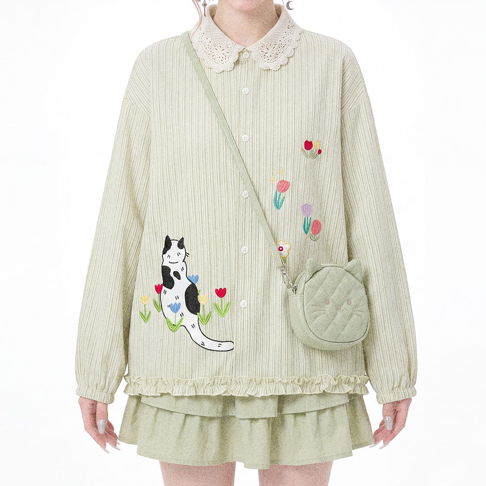 green cottagecore cat and flower embroidery shirt boogzel clothing