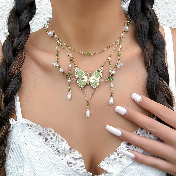 green butterfly aesthetic layered necklace boogzel clothing