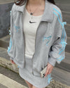 grey side stripe jacket with blue bows, coquette track jacket
