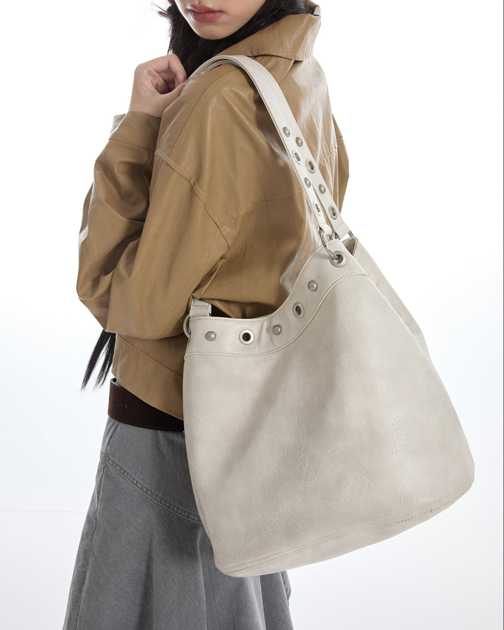 grommet stud beige shoulder bag boogzel clothing
