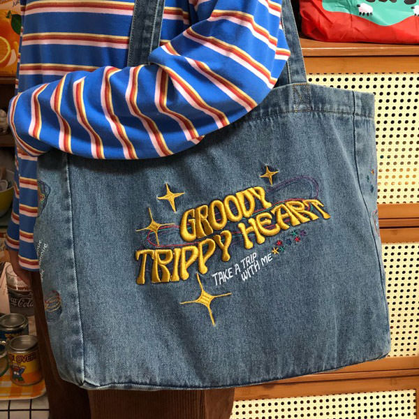 Groovy Trippy Heart Blue Denim Bag boogzel clothing