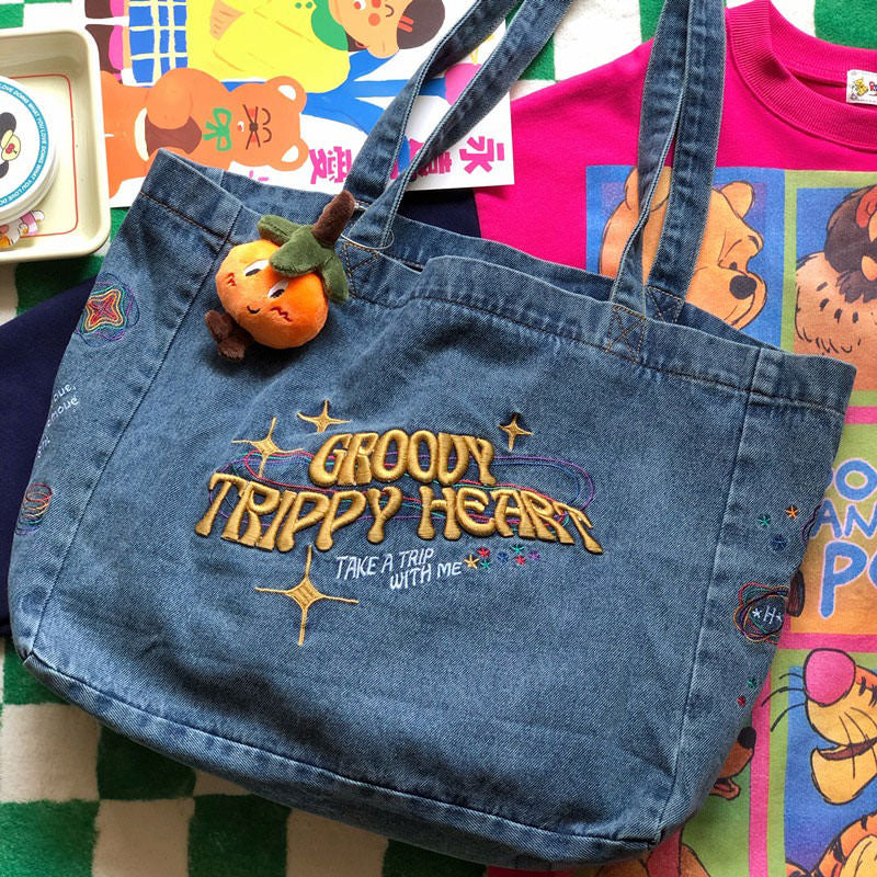Groovy Trippy Heart Blue Denim Bag boogzel clothing