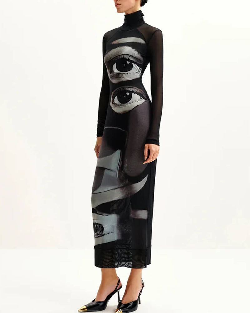Mirabella Surreal Semi-Sheer Eye Print Mesh Dress Print / S