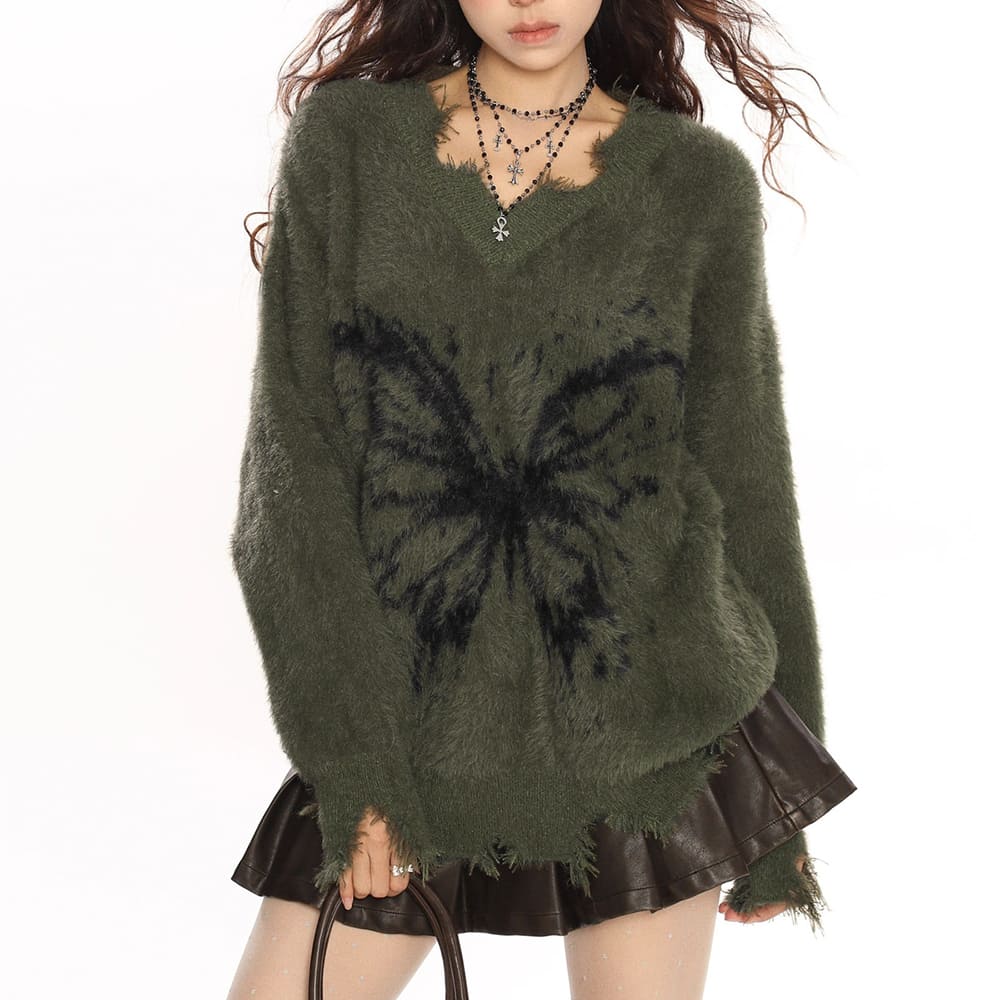 grunge butterfly fuzzy knit sweater boogzel clothing